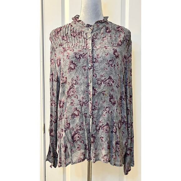 J. Jill Womens Button Down Shirt Long Sleeve Ruffle Neck Floral Print Gray XL - Picture 1 of 8